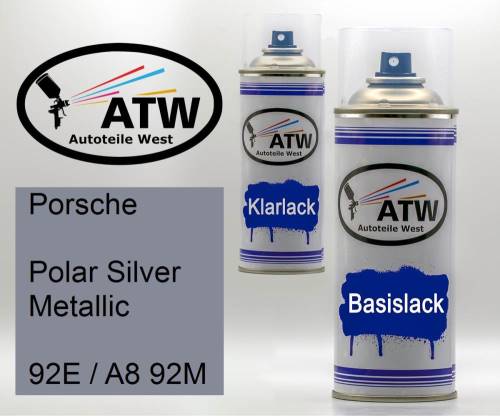 Porsche, Polar Silver Metallic, 92E / A8 92M: 400ml Sprühdose + 400ml Klarlack - Set, von ATW Autoteile West.